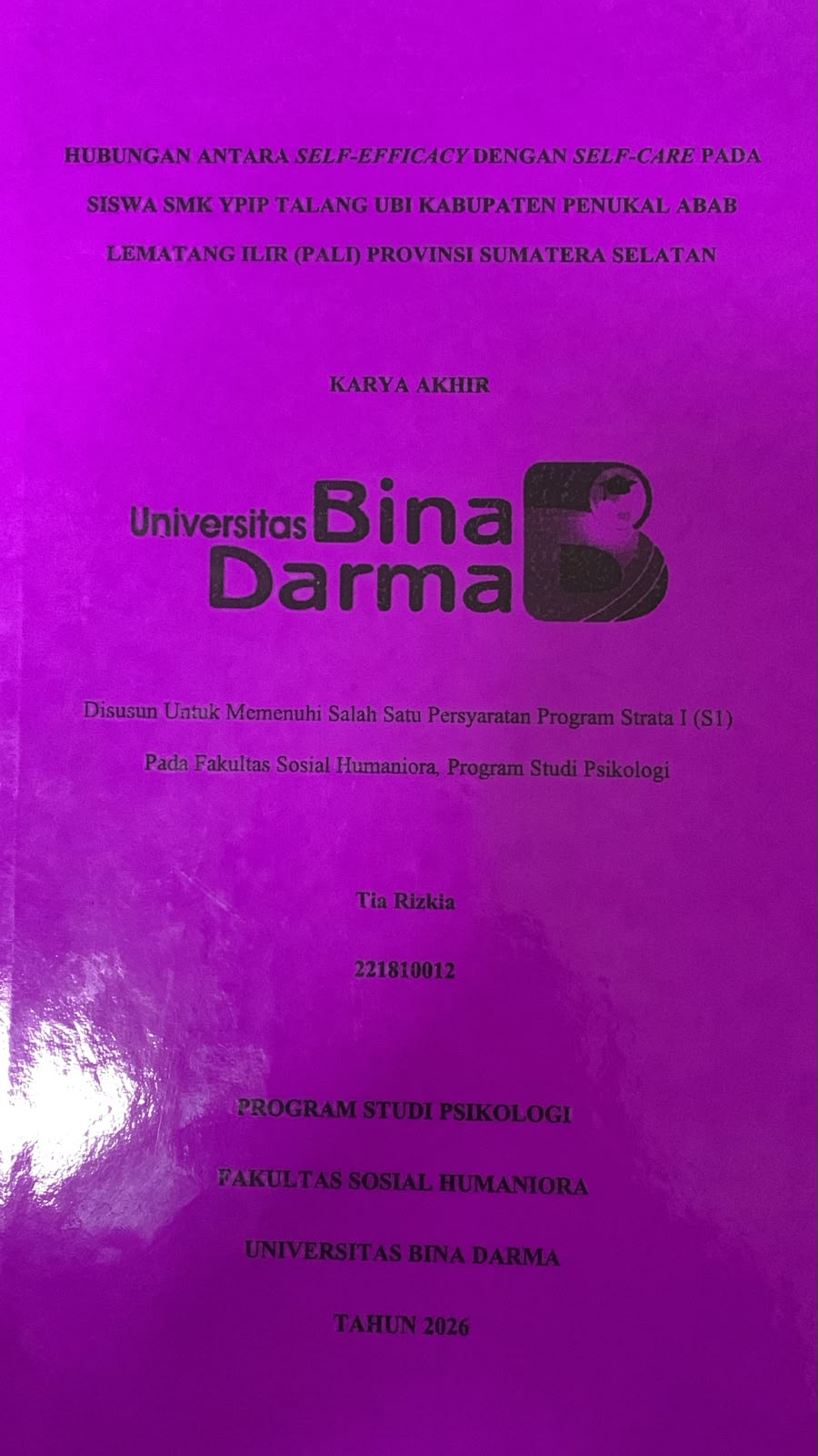 Cover Hubungan Antara Selt-Efficiacy dengan Self-Care pada Siswa SMK YPIP Talang Ubi Kabupaten Penukal Abab Lematang Ilir (PALI) Provinsi Sumatera Selatan / Tia Rizkia