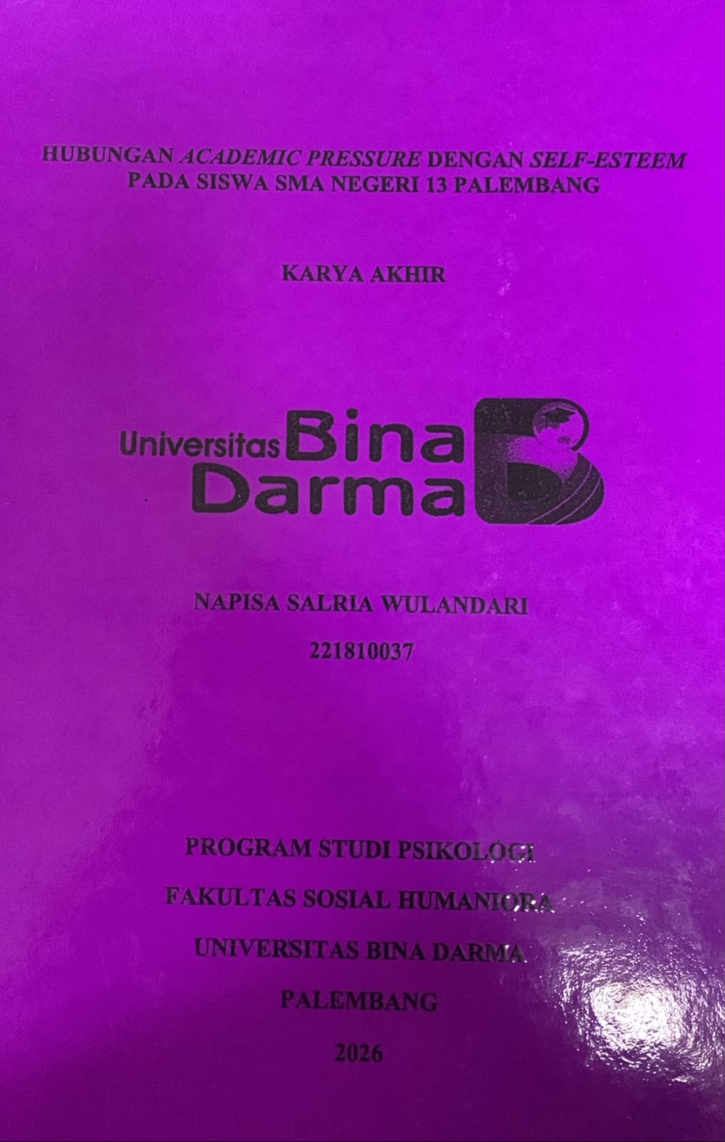 Cover Hubungan Academic Pressure dengan Self-Esteem pada Siswa SMA Negeri 13 Palembang / Napisa Salria Wulandari
